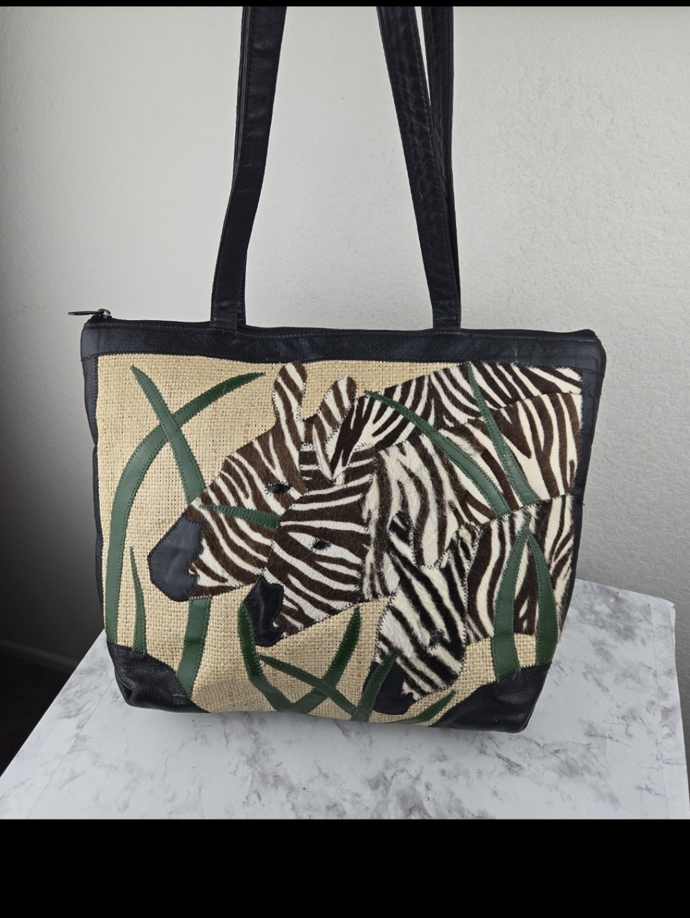 Carlos Falchi Zebra Print Canvas Tote Bag in Black and Natural